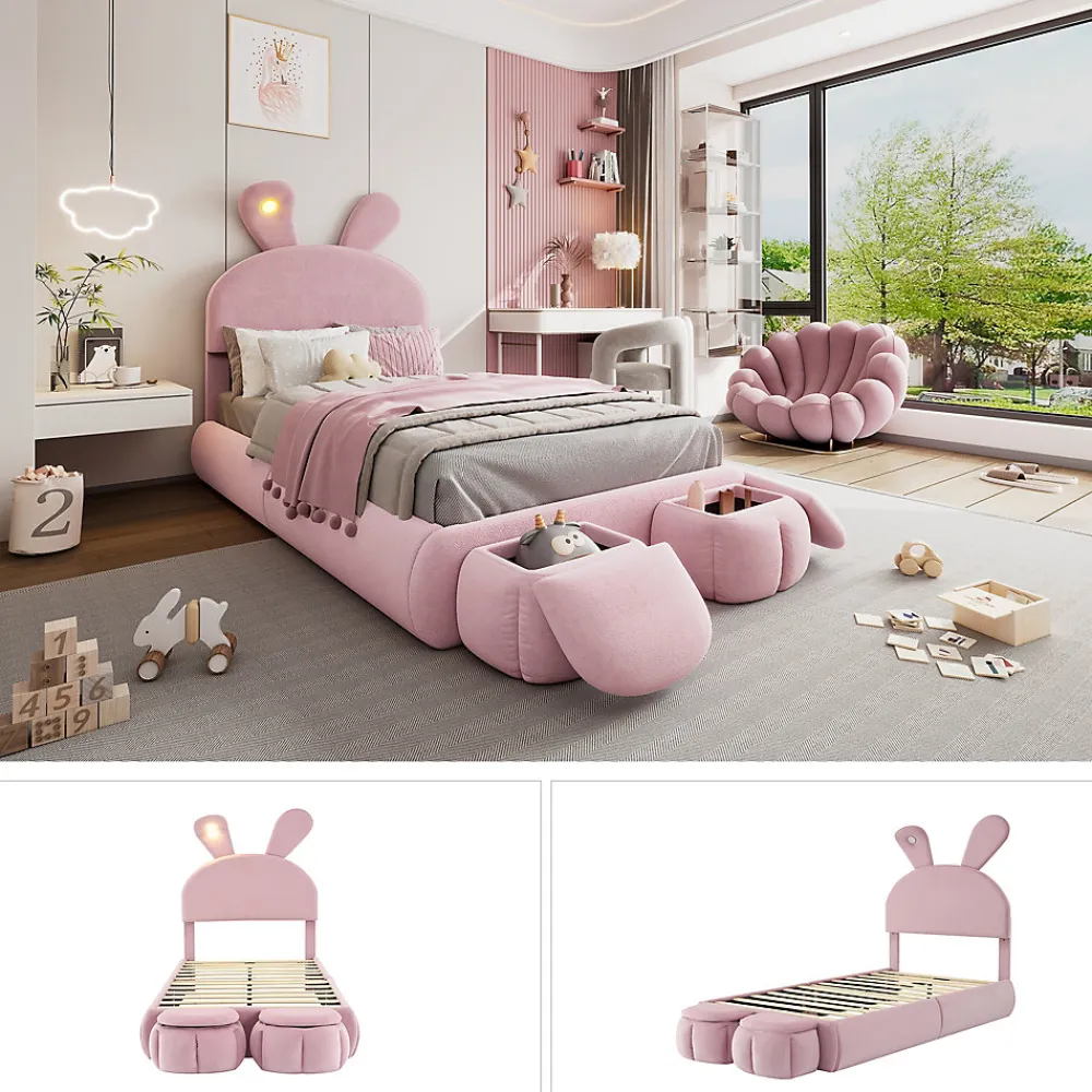 Lit 90x200 cm tapissé velours rose avec oreilles de lapin et éclairage LED réglable, 2 poufs>Redom Best