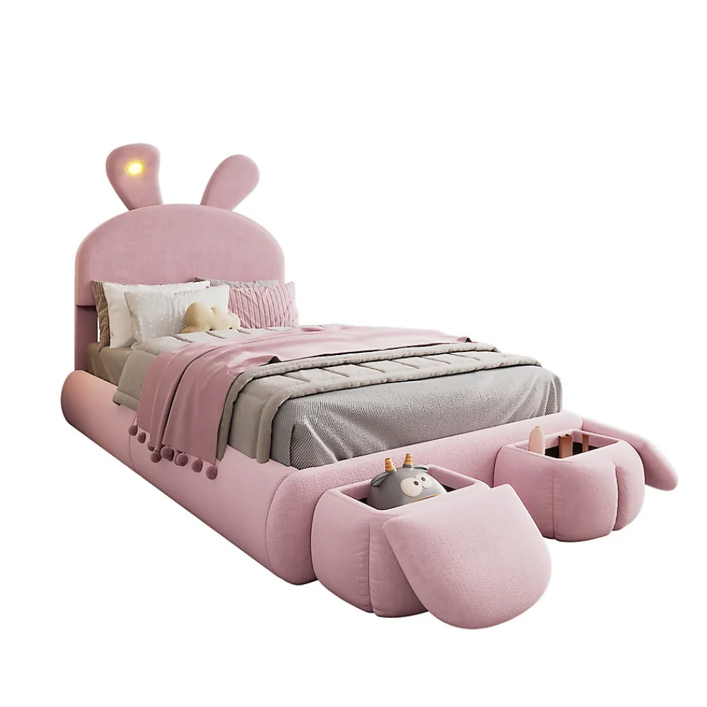 Lit 90x200 cm tapissé velours rose avec oreilles de lapin et éclairage LED réglable, 2 poufs>Redom Best