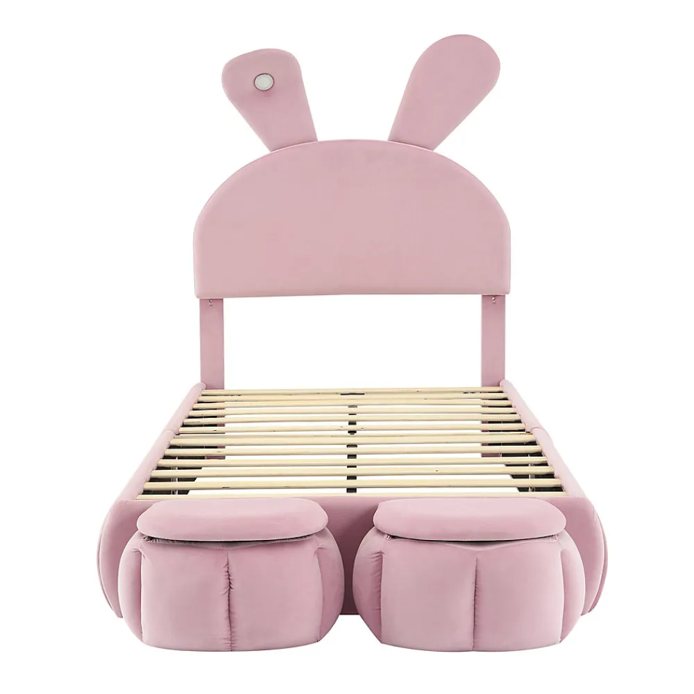 Lit 90x200 cm tapissé velours rose avec oreilles de lapin et éclairage LED réglable, 2 poufs>Redom Best