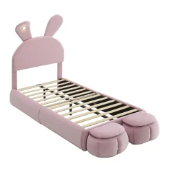 Lit 90x200 cm tapissé velours rose avec oreilles de lapin et éclairage LED réglable, 2 poufs><noscript><img width=