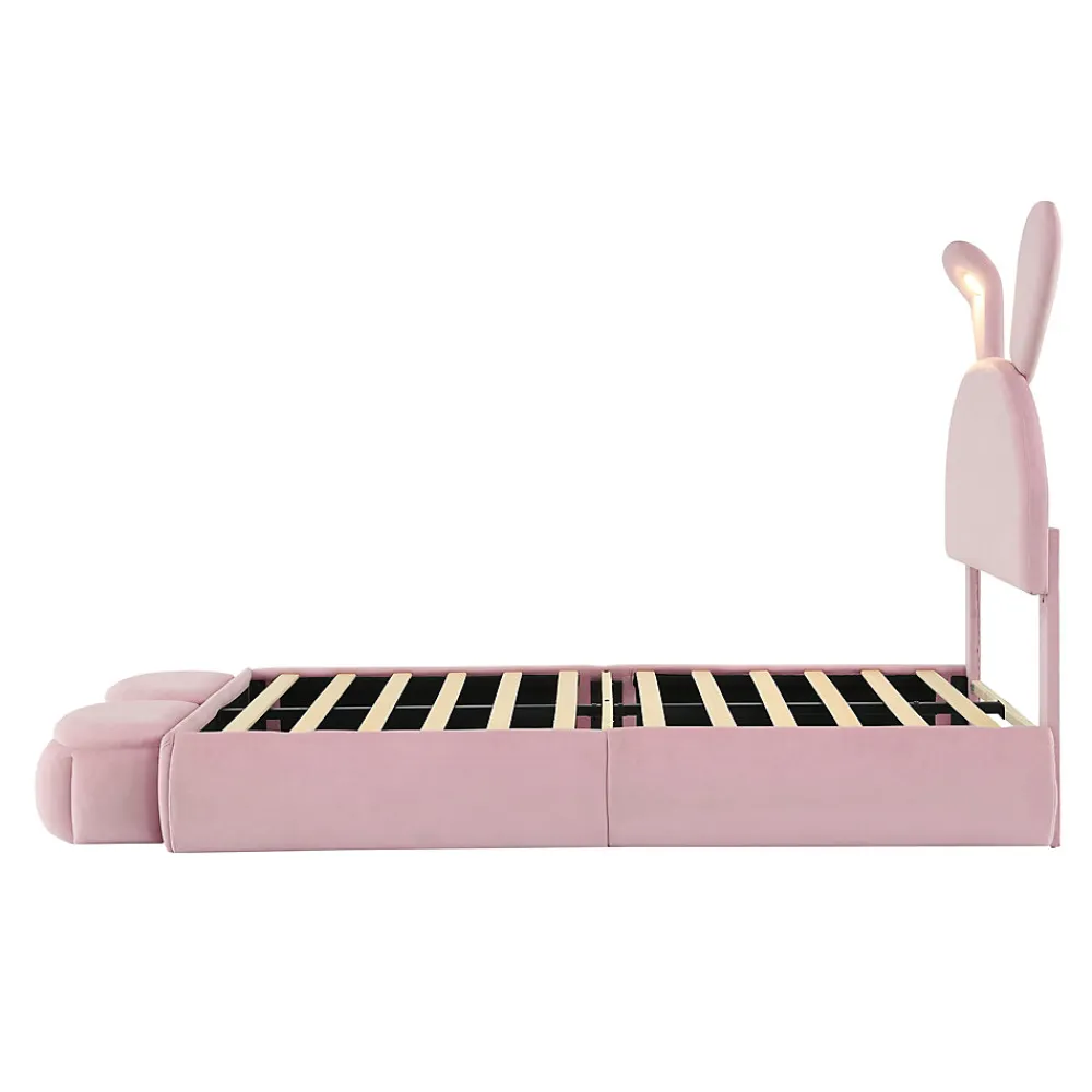 Lit 90x200 cm tapissé velours rose avec oreilles de lapin et éclairage LED réglable, 2 poufs>Redom Best