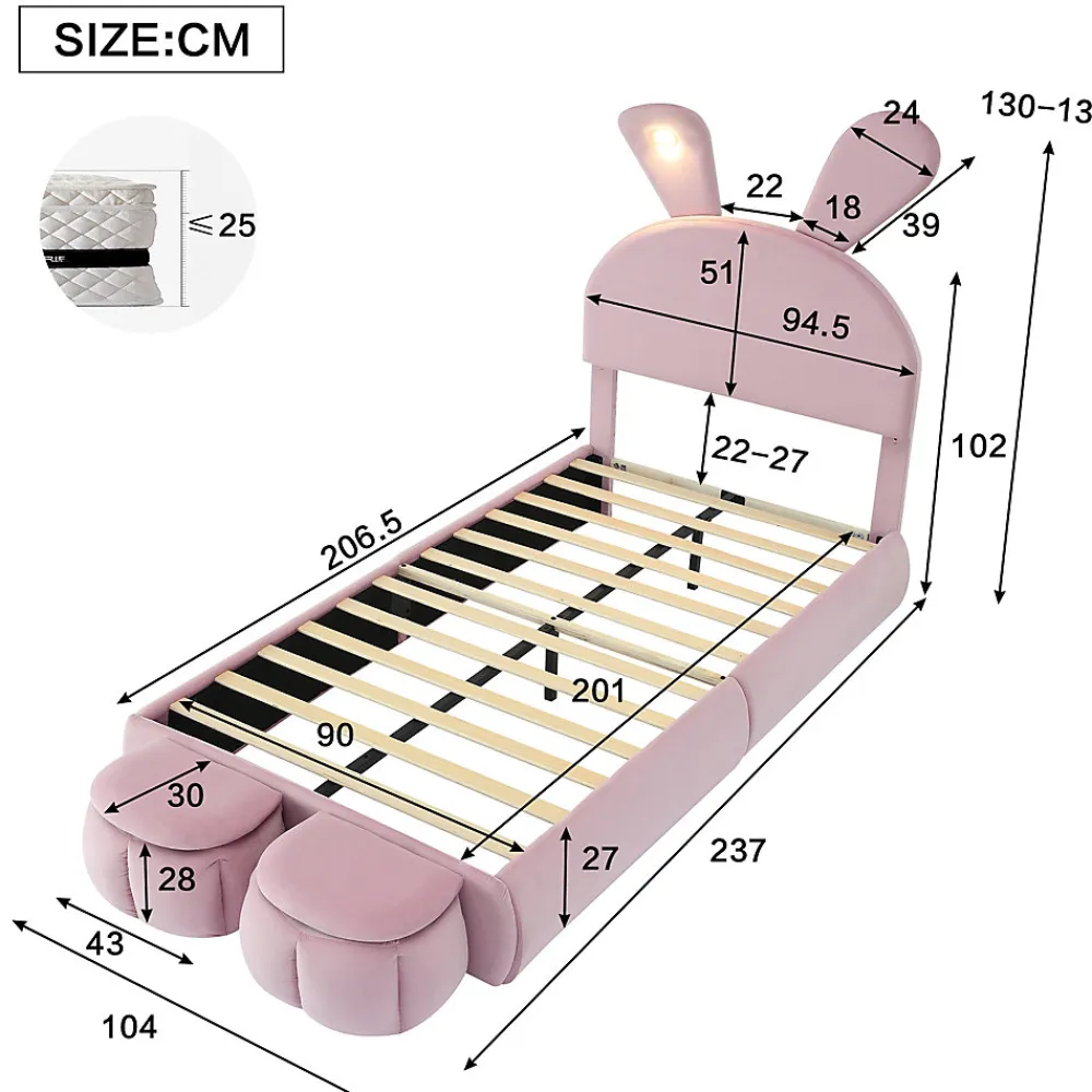Lit 90x200 cm tapissé velours rose avec oreilles de lapin et éclairage LED réglable, 2 poufs>Redom Best