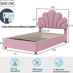 Redom Lit 90x200 cm tapissé velours rose avec tête de lit fleurie et coffre de rangement hydraulique* Lit Avec Rangement