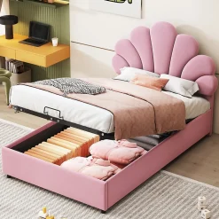Redom Lit 90x200 cm tapissé velours rose avec tête de lit fleurie et coffre de rangement hydraulique* Lit Avec Rangement