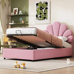 Redom Lit 90x200 cm tapissé velours rose avec tête de lit fleurie et coffre de rangement hydraulique* Lit Avec Rangement