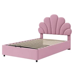 Redom Lit 90x200 cm tapissé velours rose avec tête de lit fleurie et coffre de rangement hydraulique* Lit Avec Rangement