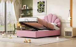 Redom Lit 90x200 cm tapissé velours rose avec tête de lit fleurie et coffre de rangement hydraulique* Lit Avec Rangement