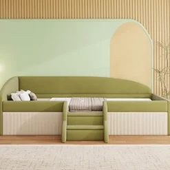 Redom Lit 90x190 cm tapissé velours vert et crème, colorblock, barrières de sécurité et marches antidérapantes*Enfant Lit Enfant