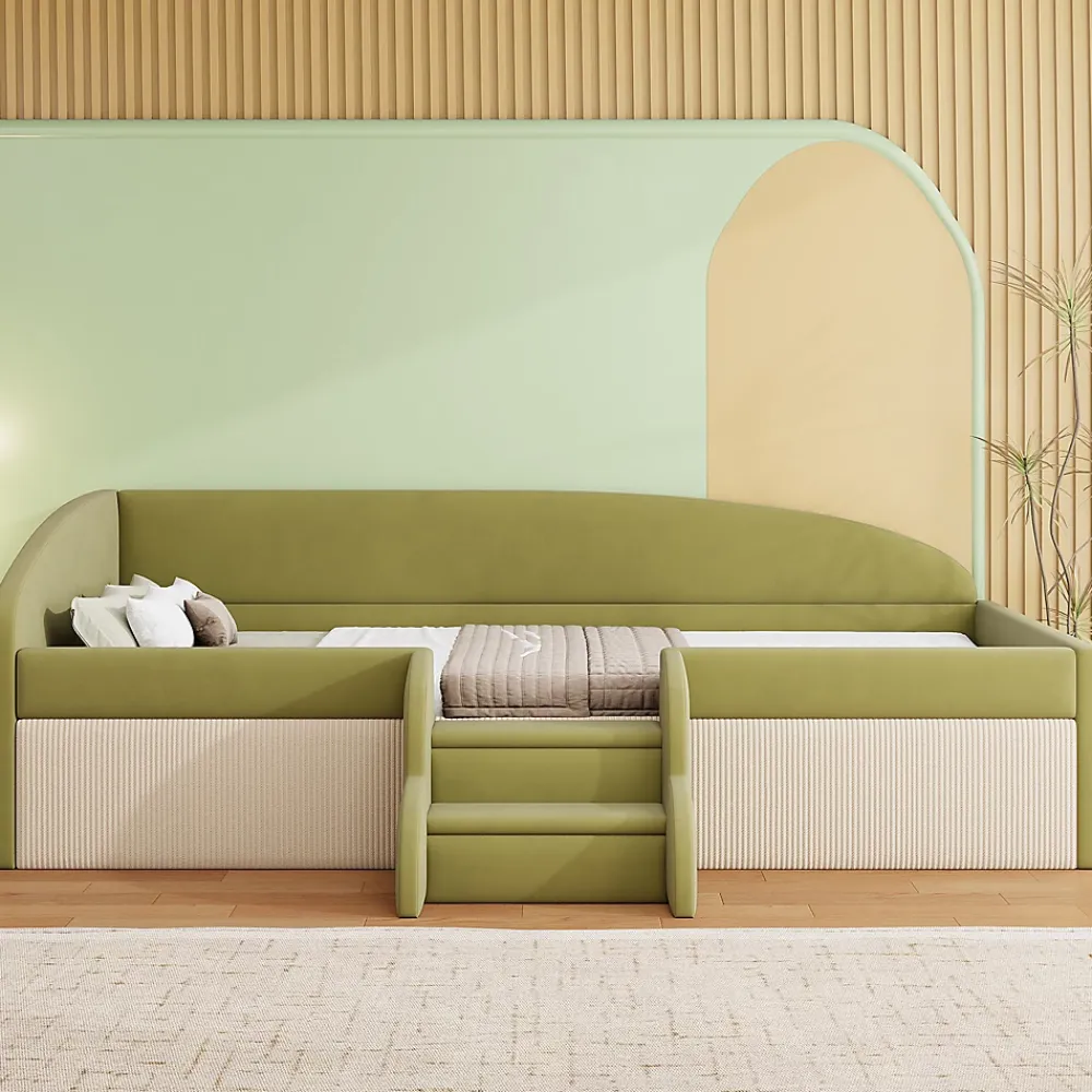 Redom Lit 90x190 cm tapissé velours vert et crème, colorblock, barrières de sécurité et marches antidérapantes*Enfant Lit Enfant