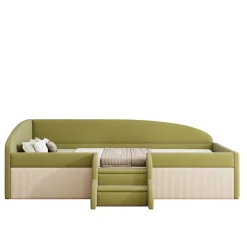 Redom Lit 90x190 cm tapissé velours vert et crème, colorblock, barrières de sécurité et marches antidérapantes*Enfant Lit Enfant
