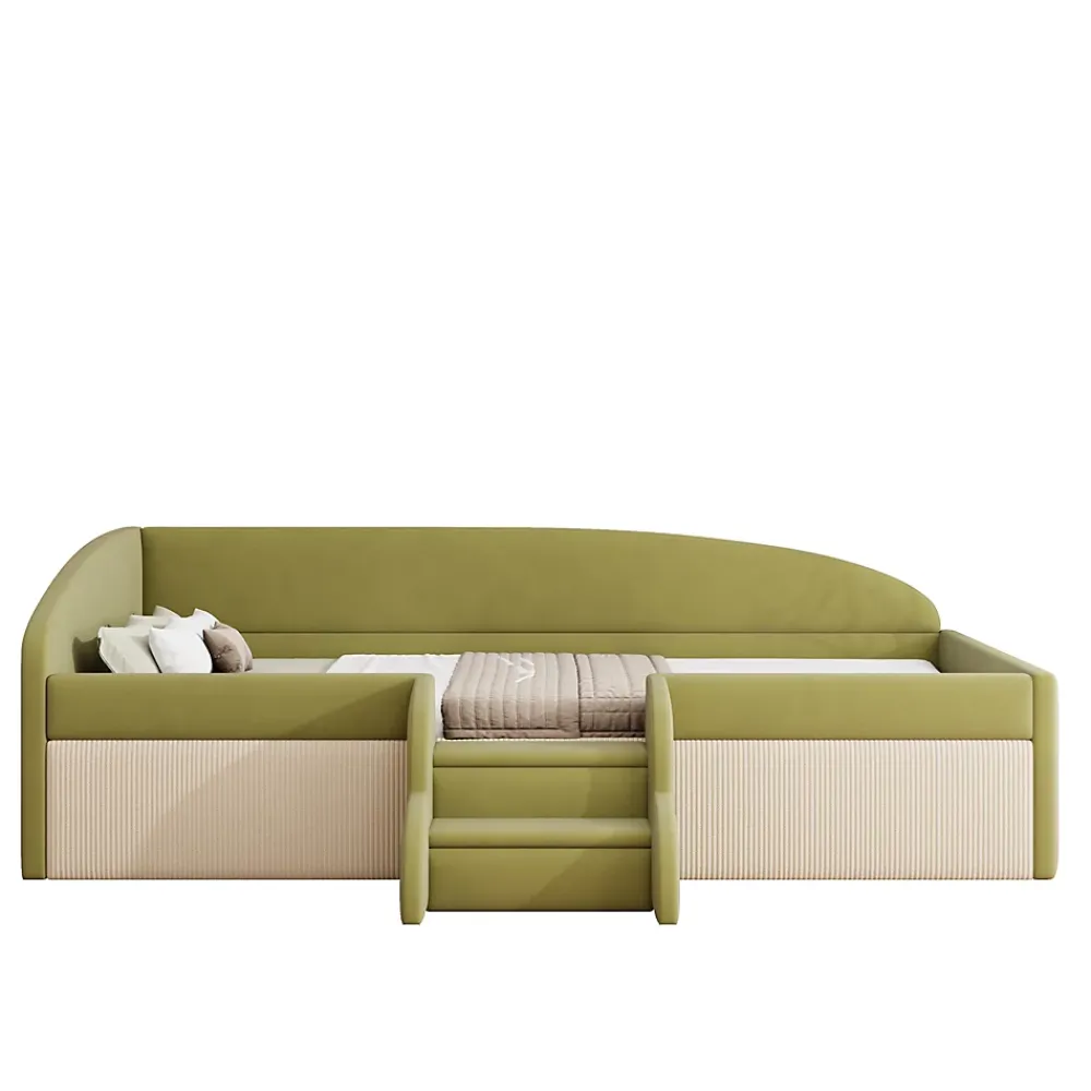 Redom Lit 90x190 cm tapissé velours vert et crème, colorblock, barrières de sécurité et marches antidérapantes*Enfant Lit Enfant