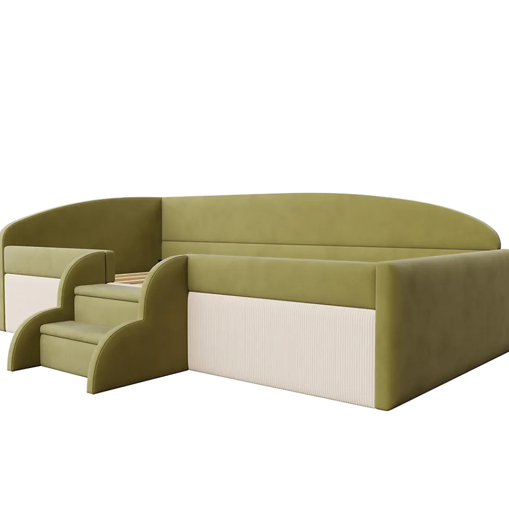 Redom Lit 90x190 cm tapissé velours vert et crème, colorblock, barrières de sécurité et marches antidérapantes*Enfant Lit Enfant