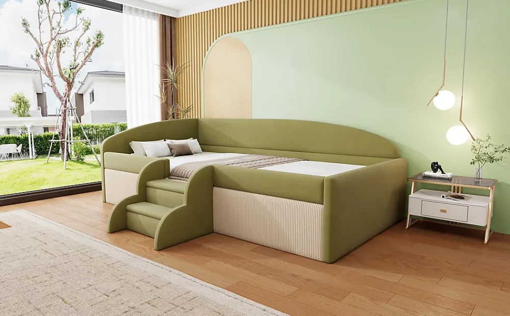 Redom Lit 90x190 cm tapissé velours vert et crème, colorblock, barrières de sécurité et marches antidérapantes*Enfant Lit Enfant
