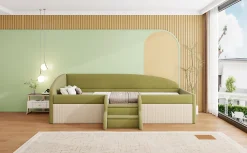 Redom Lit 90x190 cm tapissé velours vert et crème, colorblock, barrières de sécurité et marches antidérapantes*Enfant Lit Enfant