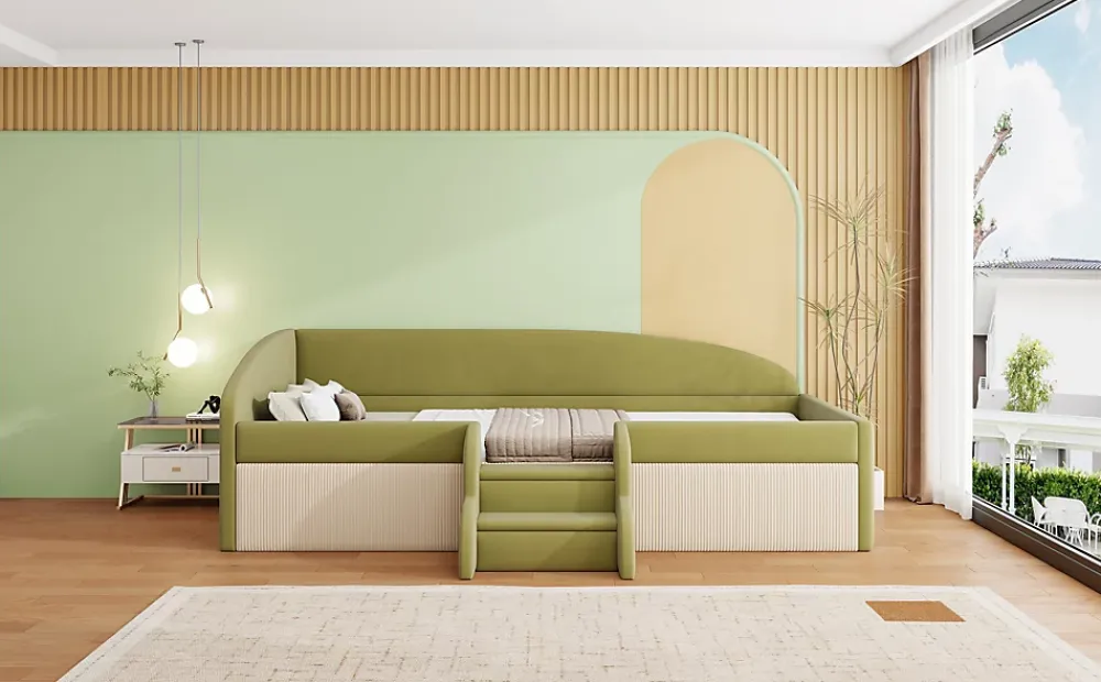 Redom Lit 90x190 cm tapissé velours vert et crème, colorblock, barrières de sécurité et marches antidérapantes*Enfant Lit Enfant