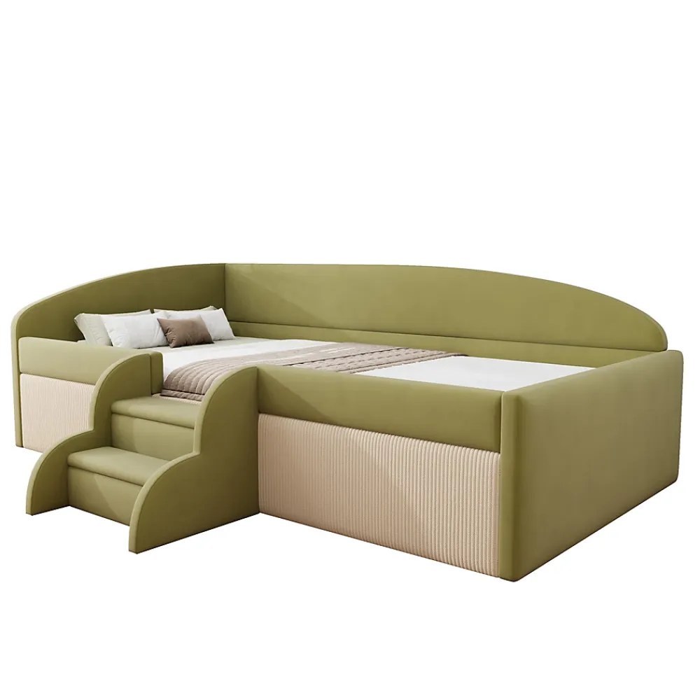 Redom Lit 90x190 cm tapissé velours vert et crème, colorblock, barrières de sécurité et marches antidérapantes*Enfant Lit Enfant