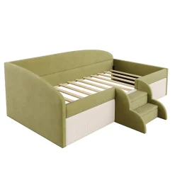 Redom Lit 90x190 cm tapissé velours vert et crème, colorblock, barrières de sécurité et marches antidérapantes*Enfant Lit Enfant