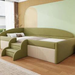 Redom Lit 90x190 cm tapissé velours vert et crème, colorblock, barrières de sécurité et marches antidérapantes*Enfant Lit Enfant
