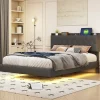 Redom Lit 140x200 cm tapisse tissu lin gris, bande LED multicolore, port USB, coffre de rangement et tete de lit reglable* Lit Double