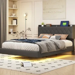 Redom Lit 140x200 cm tapisse tissu lin gris, bande LED multicolore, port USB, coffre de rangement et tete de lit reglable* Lit Double