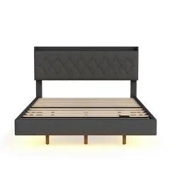 Redom Lit 140x200 cm tapisse tissu lin gris, bande LED multicolore, port USB, coffre de rangement et tete de lit reglable* Lit Double