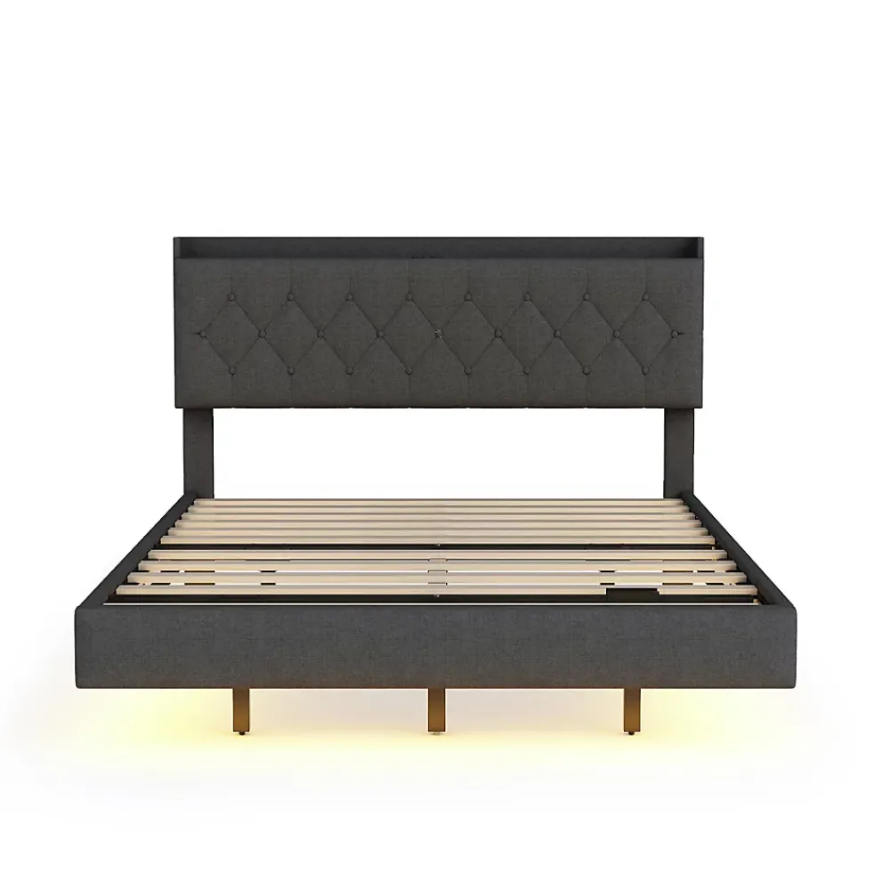 Redom Lit 140x200 cm tapisse tissu lin gris, bande LED multicolore, port USB, coffre de rangement et tete de lit reglable* Lit Double