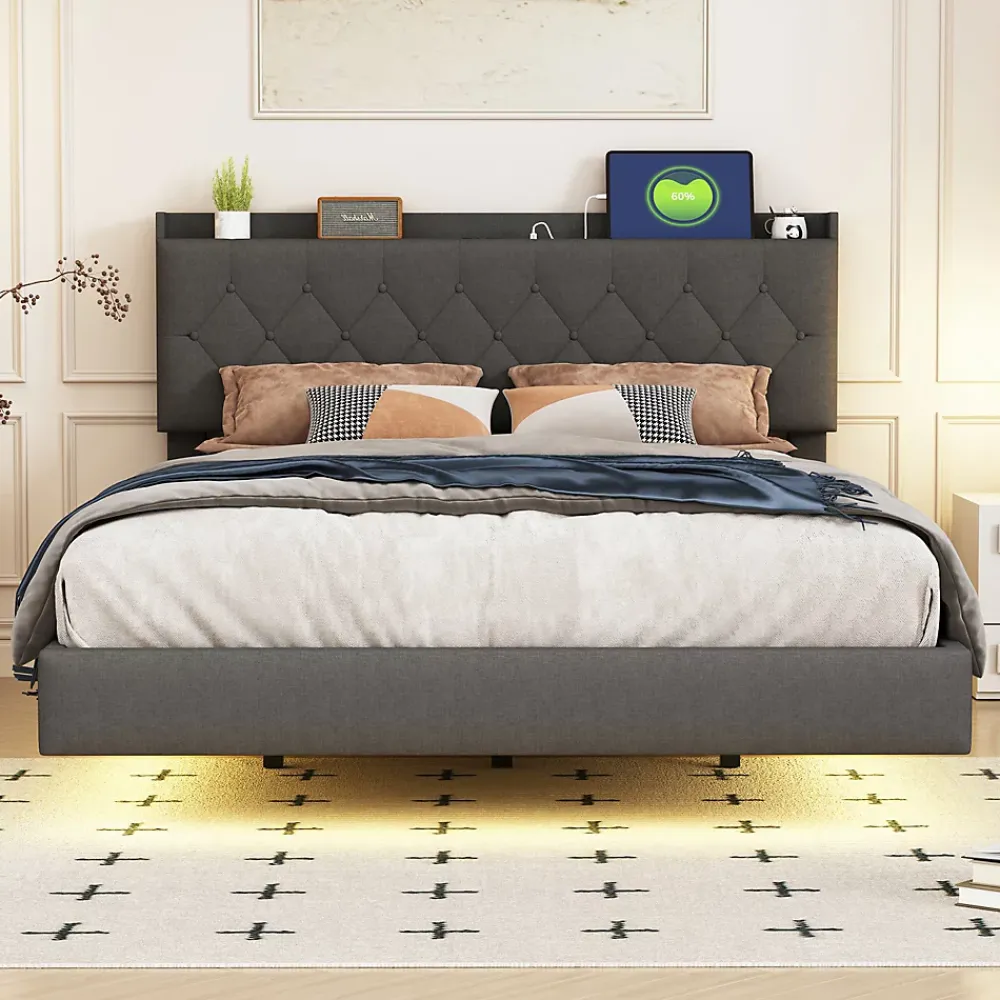 Redom Lit 140x200 cm tapisse tissu lin gris, bande LED multicolore, port USB, coffre de rangement et tete de lit reglable* Lit Double