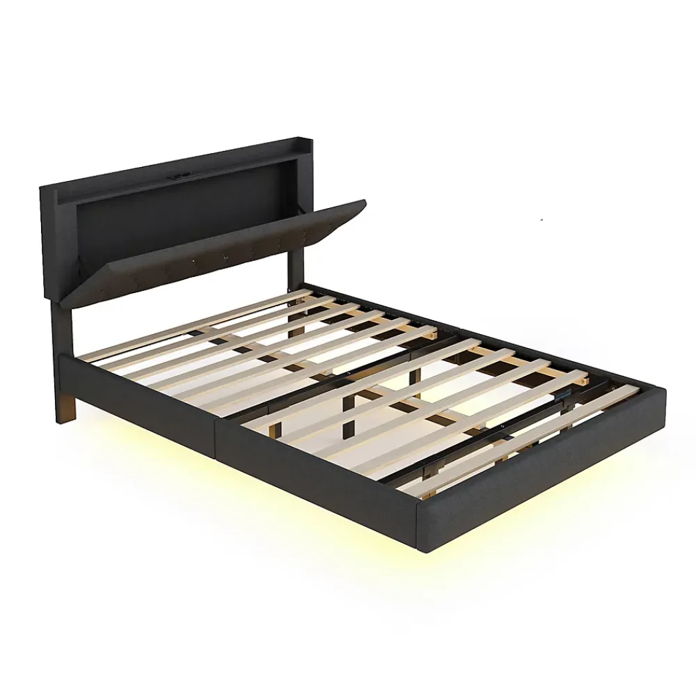 Redom Lit 140x200 cm tapisse tissu lin gris, bande LED multicolore, port USB, coffre de rangement et tete de lit reglable* Lit Double
