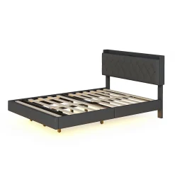 Redom Lit 140x200 cm tapisse tissu lin gris, bande LED multicolore, port USB, coffre de rangement et tete de lit reglable* Lit Double