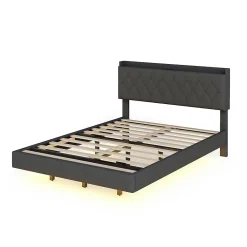 Redom Lit 140x200 cm tapisse tissu lin gris, bande LED multicolore, port USB, coffre de rangement et tete de lit reglable* Lit Double
