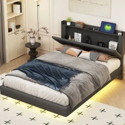 Redom Lit 140x200 cm tapisse tissu lin gris, bande LED multicolore, port USB, coffre de rangement et tete de lit reglable* Lit Double