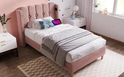 Lit 90x200 cm tapisse velours rose avec tete de lit rembourree et prise USB Type C integree>Redom Clearance