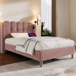 Lit 90x200 cm tapisse velours rose avec tete de lit rembourree et prise USB Type C integree><noscript><img width=