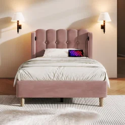 Lit 90x200 cm tapisse velours rose avec tete de lit rembourree et prise USB Type C integree><noscript><img width=