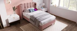 Lit 90x200 cm tapisse velours rose avec tete de lit rembourree et prise USB Type C integree><noscript><img width=