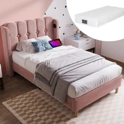Lit 90x200 cm tapisse velours rose avec tete de lit rembourree et prise USB Type C integree><noscript><img width=
