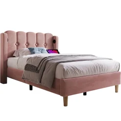 Lit 90x200 cm tapisse velours rose avec tete de lit rembourree et prise USB Type C integree><noscript><img width=