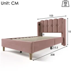Lit 90x200 cm tapisse velours rose avec tete de lit rembourree et prise USB Type C integree><noscript><img width=