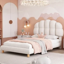 Redom Lit 90x200 cm tapisse velours blanc, tete demi cercle reglable et cadre MDF robuste et securisant* Lit Simple