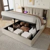 Redom Lit 160x200 cm tete de lit avec rangement et ports USB Type C, tapisse lin, coffre a verins* Lit Avec Rangement