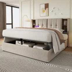Redom Lit 160x200 cm tete de lit avec rangement et ports USB Type C, tapisse lin, coffre a verins* Lit Avec Rangement