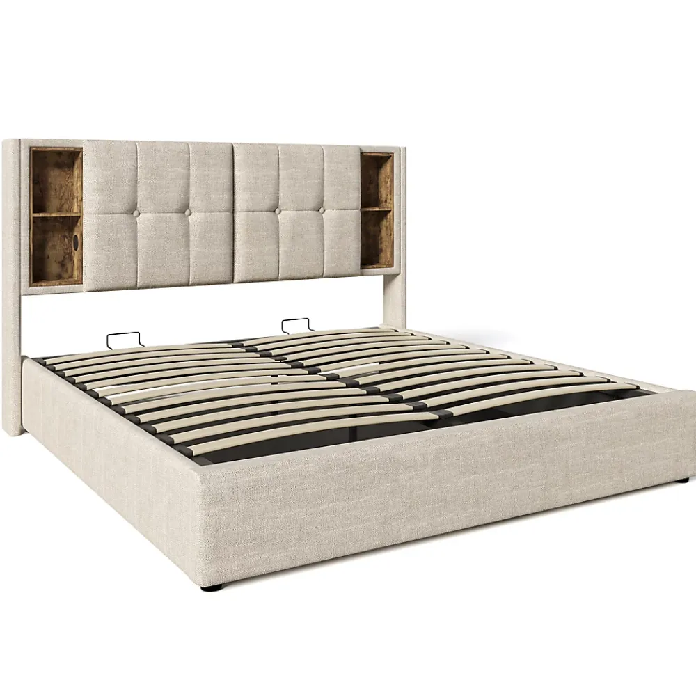 Redom Lit 160x200 cm tete de lit avec rangement et ports USB Type C, tapisse lin, coffre a verins* Lit Avec Rangement