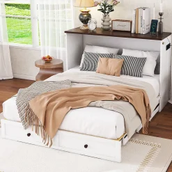 Redom Lit 140x200 cm transformable en armoire, avec tiroirs de grande capacité, tête étagère et prises USB, blanc* Lit Gigogne
