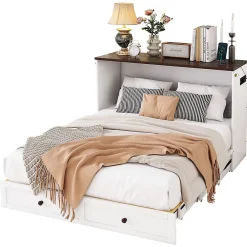 Redom Lit 140x200 cm transformable en armoire, avec tiroirs de grande capacité, tête étagère et prises USB, blanc* Lit Gigogne