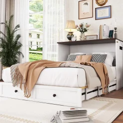 Redom Lit 140x200 cm transformable en armoire, avec tiroirs de grande capacité, tête étagère et prises USB, blanc* Lit Gigogne
