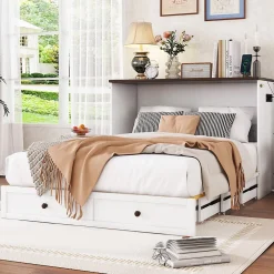 Redom Lit 140x200 cm transformable en armoire, avec tiroirs de grande capacité, tête étagère et prises USB, blanc* Lit Gigogne