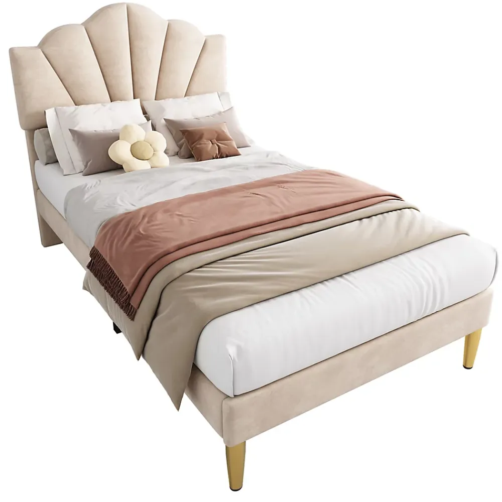 Redom Lit 90x200 cm tête coquillage réglable, pieds métal doré, velours beige et sommier à lattes bois* Lit Simple
