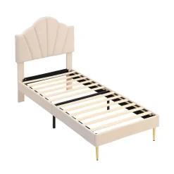 Redom Lit 90x200 cm tête coquillage réglable, pieds métal doré, velours beige et sommier à lattes bois* Lit Simple