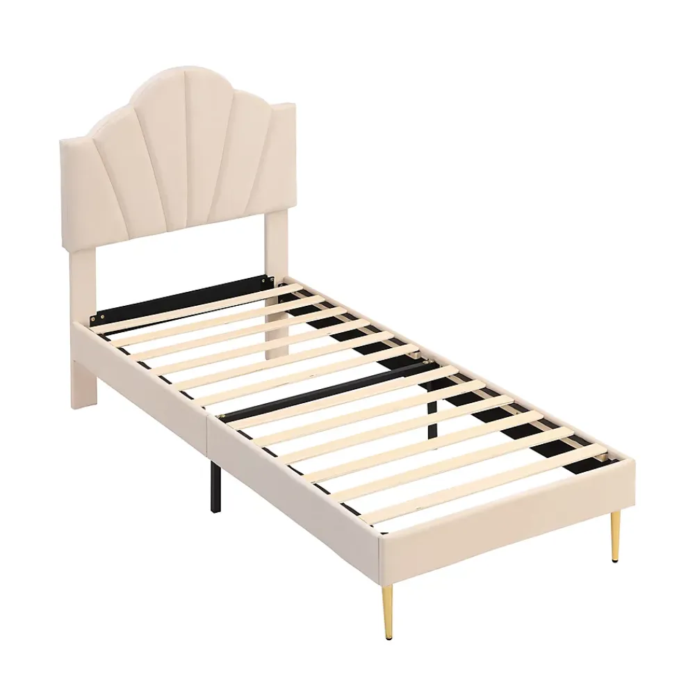 Redom Lit 90x200 cm tête coquillage réglable, pieds métal doré, velours beige et sommier à lattes bois* Lit Simple