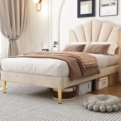 Redom Lit 90x200 cm tête coquillage réglable, pieds métal doré, velours beige et sommier à lattes bois* Lit Simple